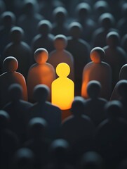 Obraz premium A glowing figure stands out among many grey figures, symbolizing the concept of being different and special in an environment full of people