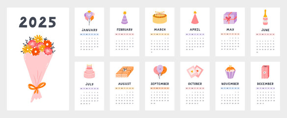 Cute calendar template for 2025 year with creative holiday illustration. Calendar grid with weeks starts on Monday for kids nursery or corporate design. Horizontal monthly calender layout for planning