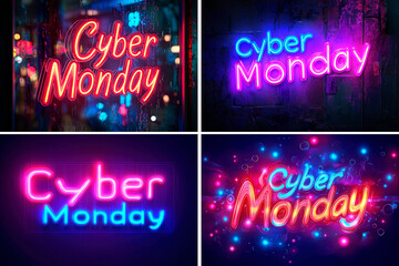 Colorful Cyber Monday promotions in neon style, website advertising, sale advertise, blog banner