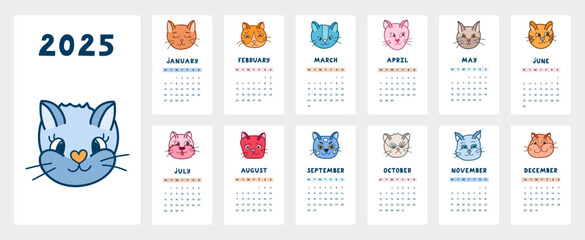 Cute calendar template for 2025 year with creative doodle of cat faces. Calendar grid with weeks starts on Monday for kids nursery or office. Horizontal monthly calender layout for planning.