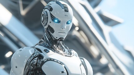 Futuristic White Robot with Blue Eyes