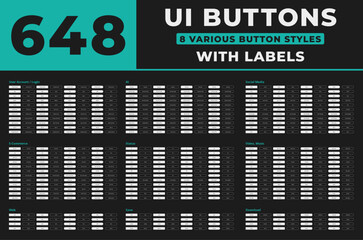 UI Button Collection. Huge Set of 648 buttons with labels about login, e-commerce, ai, social media, video, web, download, save and status. 8 various button styles
