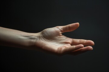 An extended hand moves toward an unseen object, capturing the essence of curiosity and the urge to touch, Slender fingers in a graceful, elongated shape, AI generated