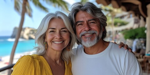 Joyful Senior Couple Beach Selfie, Elegant and Radiant Pair at Palm-Fringed Resort.