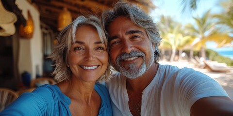 Joyful Senior Couple Beach Selfie, Elegant and Radiant Pair at Palm-Fringed Resort.