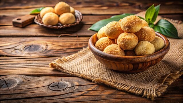 Traditional Brazilian beiju snack on rustic wooden background