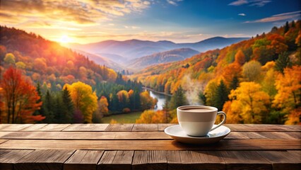 A cup of coffee on a wooden table overlooking a scenic autumn landscape with copy space in the foreground
