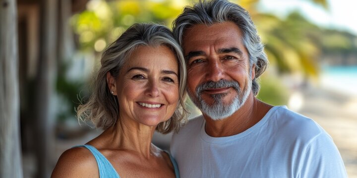 Joyful Senior Couple Beach Selfie, Elegant and Radiant Pair at Palm-Fringed Resort.