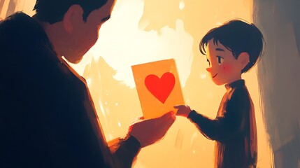 A young boy gives a handmade card with a red heart to his father, showing love and affection.