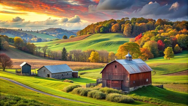 Scenic farm landscape with rolling hills, colorful fields, and a rustic barn