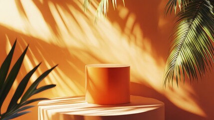 A minimalist product display with a peach-colored cylinder podium in front of an orange wall with palm leaf shadows.