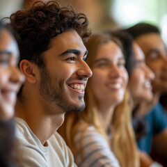 Fototapeta premium Smiling Teenage Boy in Classroom with Diverse Group of Students