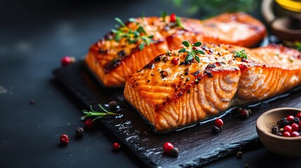 Perfect baked salmon, hyper quality, bright tone, product view, kitchen background