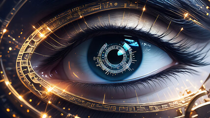 Fototapeta premium eye, iris, illustration, blue, design, technology, pupil, human, vision, beauty, concept, look, light, tunnel, internet, eyelashes, space, color, eyeball, pattern, closeup, woman, digital, face, macro