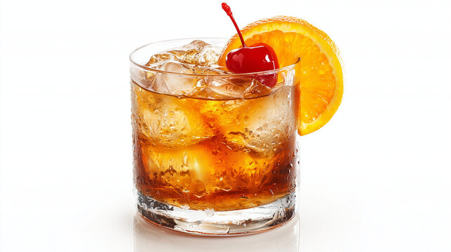 An old-fashioned cocktail with an orange slice and a cherry garnish, the glass showing subtle condensation, isolated on a white background