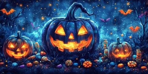 Naklejka premium Spooky Halloween Night With Glowing Jack-O-Lanterns and horrific Atmosphere.