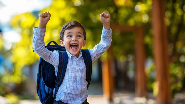 Fr&ouml;hlicher Schulanf&auml;nger im Freien, strahlendes L&auml;cheln. Kind mit Schulranzen nat&uuml;rlicher Kulisse. Aufregung und Vorfreude auf den ersten Schultag spiegeln sich im Gesicht wider