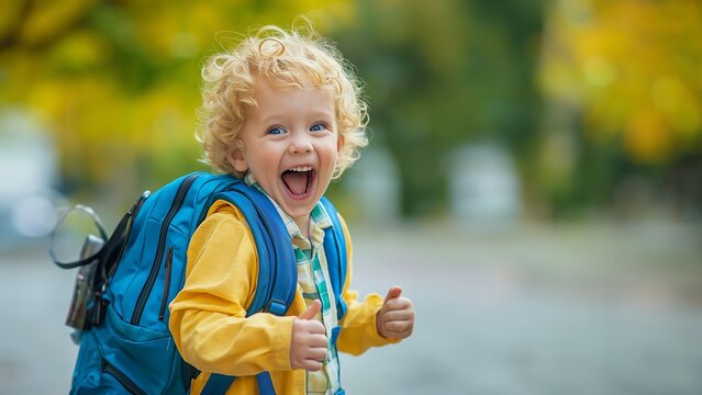 Fr&ouml;hlicher Schulanf&auml;nger im Freien, strahlendes L&auml;cheln. Kind mit Schulranzen nat&uuml;rlicher Kulisse. Aufregung und Vorfreude auf den ersten Schultag spiegeln sich im Gesicht wider