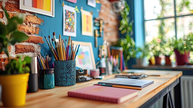 A creative workspace filled with colorful art supplies, inspiring ideas and a sense of playful productivity.