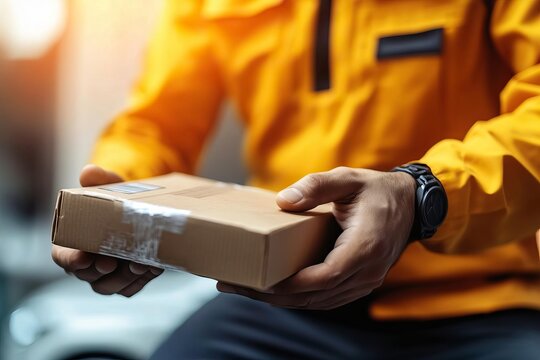 A courier delivers a package, showcasing professionalism and efficiency in the logistics and delivery service industry.