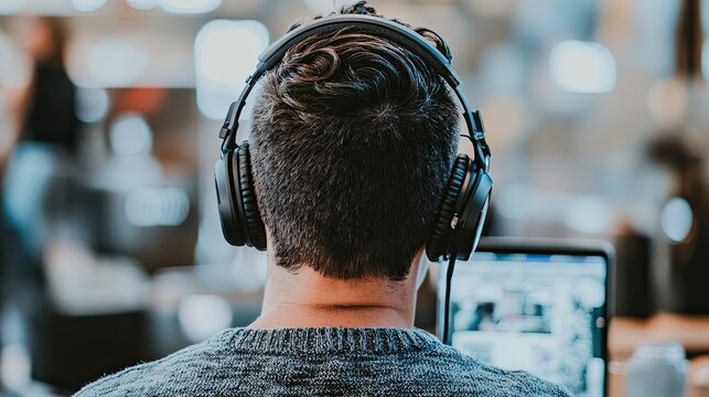 A person listening to calming music on headphones while working on their laptop, creating a personalized and focused environment.