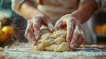 A close-up of hands gently kneading dough on a floured surface, showcasing the therapeutic process of baking as a form of relaxation.
