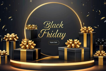 Luxurious Black Friday sale banner with elegant gift boxes wrapped in gold ribbons, highlighting premium holiday deals.