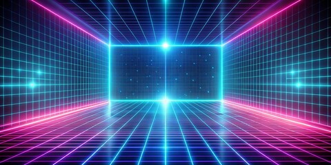 Futuristic abstract background with digital grid patterns and glowing neon lights