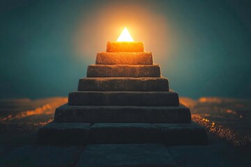 A mystical pyramid with a glowing apex, set against a dark backdrop, evoking intrigue and mystery in a fantastical setting.