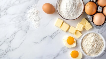 Baking ingredients including eggs, butter, and flour on a marble countertop.