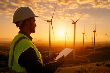 A worker examines a report near wind turbines during a stunning sunset, representing renewable energy and sustainability efforts.