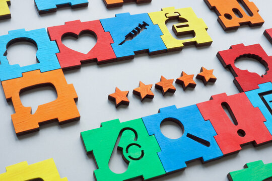 Medical puzzle about patient satisfaction with five stars. Symbolizes quality of care.