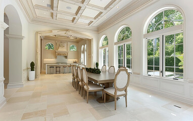 An unconventional twist on French luxury, featuring creamy stucco ceiling details and delicate off-white wainscoting.