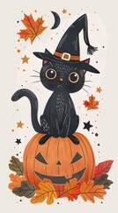 Fototapeta premium Black cat with a witch hat perched on a pumpkin surrounded by autumn leaves and stars
