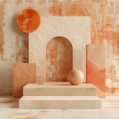 Pastel orange podium in minimalist concrete interior