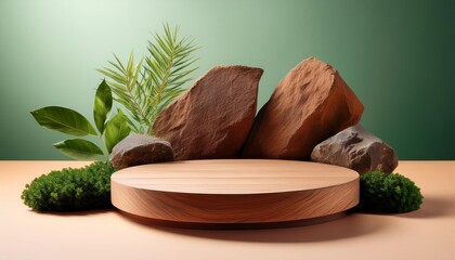 Rustic Elegance: 3D Wood Podium with Rock and Green Plant for Ads