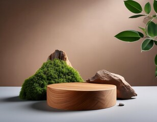 Organic Showcase: 3D Wood Podium with Rock and Plant for Product Ads