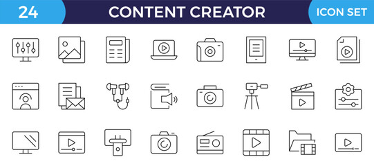 Content creator icon set. Modern thin-line style of love social media-related icons: passion, creator, celebrity, and more. Pictograms and infographics for mobile.Editable stroke outline icon.