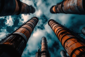 The image showcases tall industrial chimneys extending skyward into a dramatic and cloudy sky, capturing the essence of industrial growth and environmental impact.