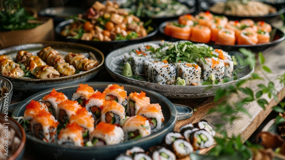 Wall mural asian cuisine spread featuring sushi rolls, dumplings, and stir-fried vegetables on a table