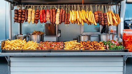 Food cart with an array of delicious street food, including kebabs and fries