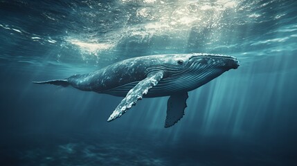 Fototapeta premium A majestic whale swimming gracefully in deep ocean waters.