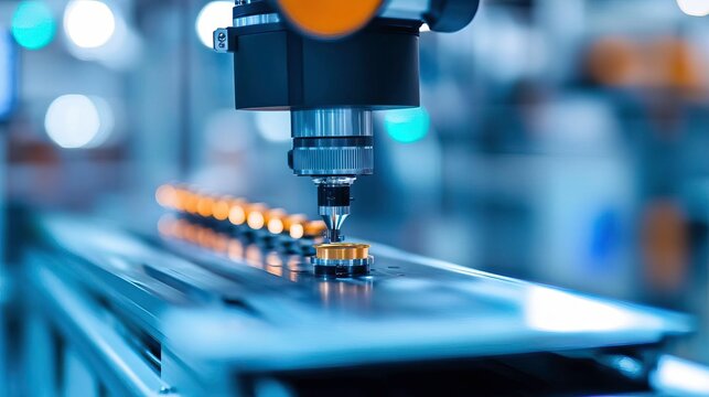 Close-up of an advanced robotic arm in a factory, performing precise assembly on a production line with metal components.