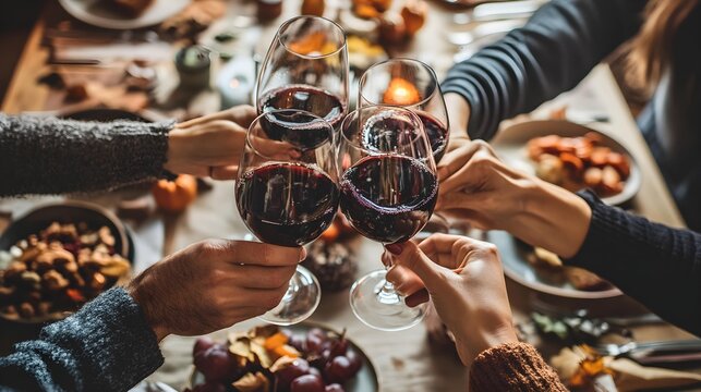 A group of friends toasting with wine glasses at the dining table, surrounded by food and decorations during the autumn season