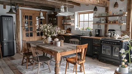 A cozy and inviting farmhouse kitchen with a large wooden dining table, exposed beams, and vintage-inspired appliances, accented by fresh flowers and rustic decor