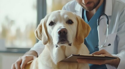 A Labrador dog being examined by the veterinarian, who is writing notes on a clipboard while petting the dog in an office setting