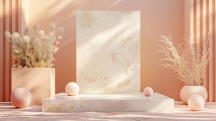 Pastel orange minimalist podium in geometric shapes interior