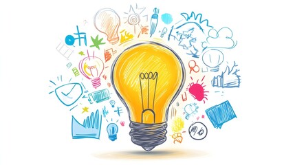 A light bulb surrounded by doodles of business icons, symbolizing ideas and innovation in marketing Glowing lights, bright colors, and a white background