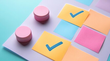 Colorful sticky notes with check marks on a pastel background, ideal for organization and planning.