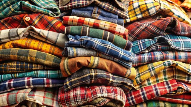 Colorful vintage flannel shirts piled together in a checkered heap
